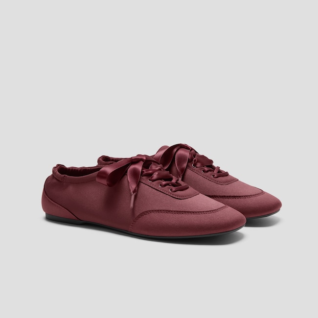 Square-Toe Lace-Up Satin Sneakerina (Cristina) - Burgundy
