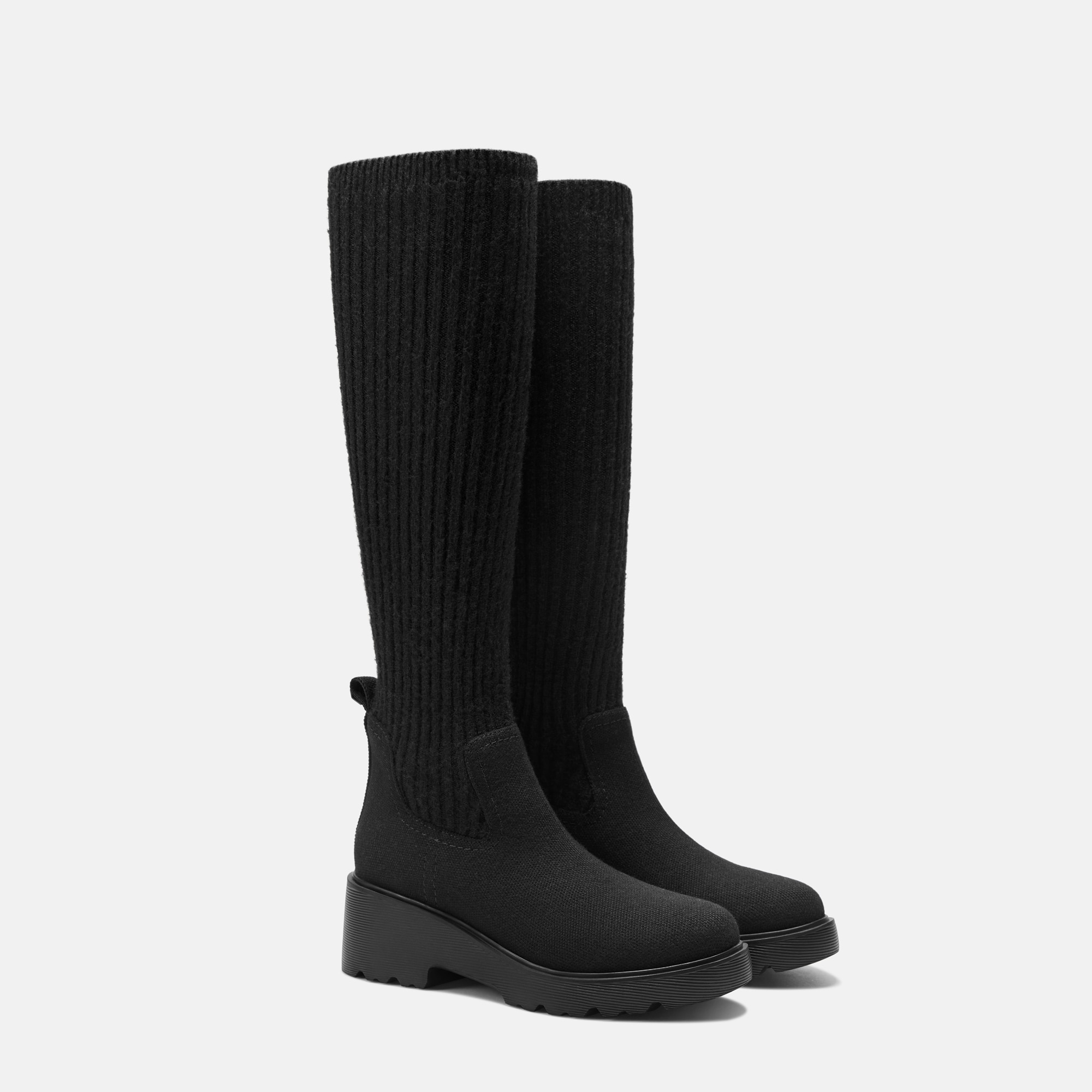 Round-Toe Knee-High Wool Wedge Boots (Eduarda), Black, EU35 | VIVAIA