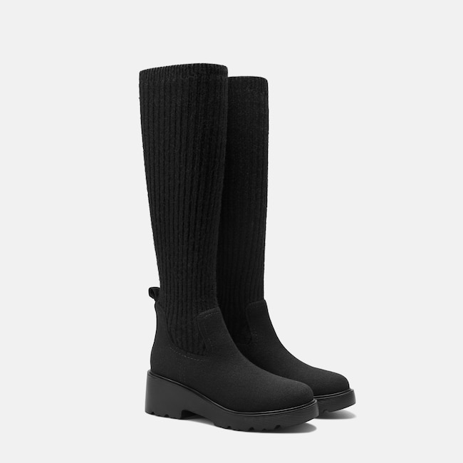 Round-Toe Knee-High Wool Wedge Boots (Eduarda) - Black