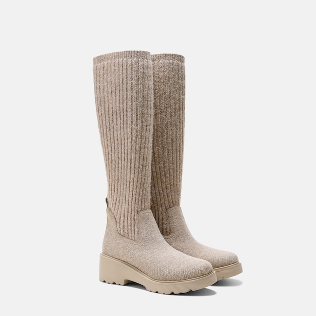 Round-Toe Knee-High Wool Wedge Boots (Eduarda) - Oatmilk