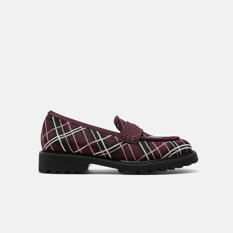 Round-Toe Platform Chunky Heel Loafers (Francesca), BURGUNDY LINED PLAID, EU38 | VIVAIA