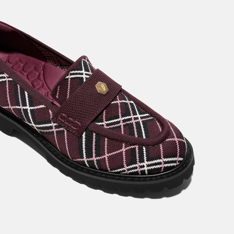 Round-Toe Platform Chunky Heel Loafers (Francesca), BURGUNDY LINED PLAID, EU38 | VIVAIA