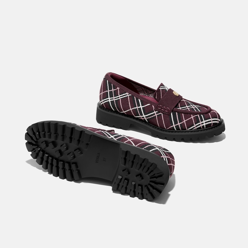 Round-Toe Platform Chunky Heel Loafers (Francesca), BURGUNDY LINED PLAID, EU38 | VIVAIA