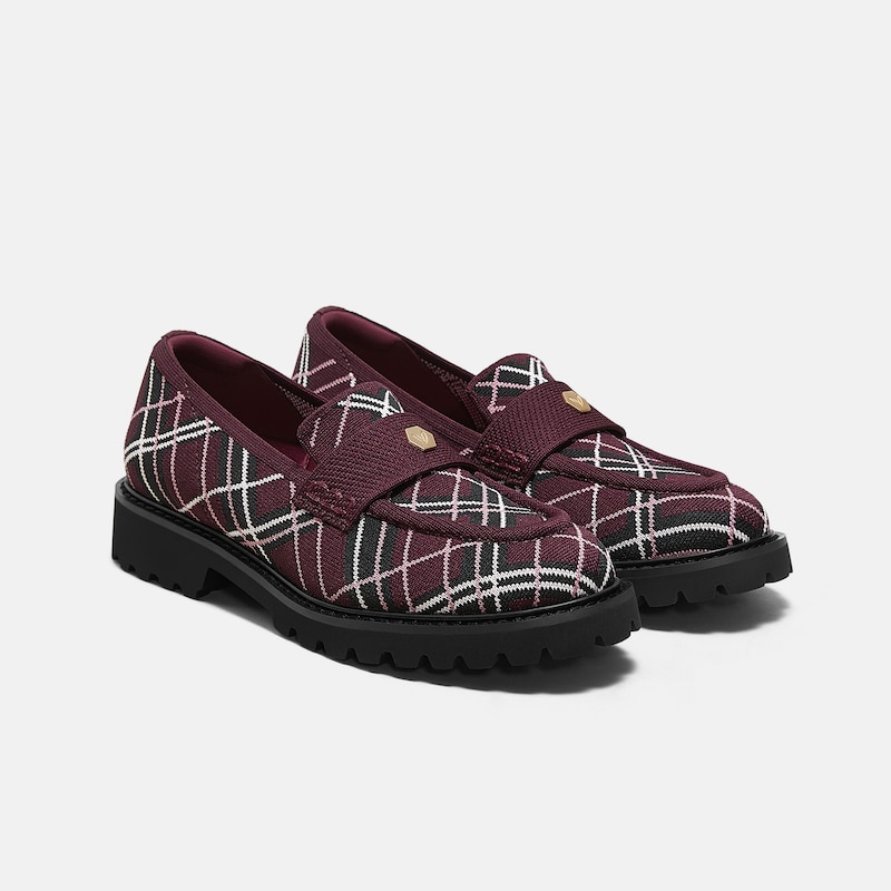 Round-Toe Platform Chunky Heel Loafers (Francesca), BURGUNDY LINED PLAID, EU38 | VIVAIA