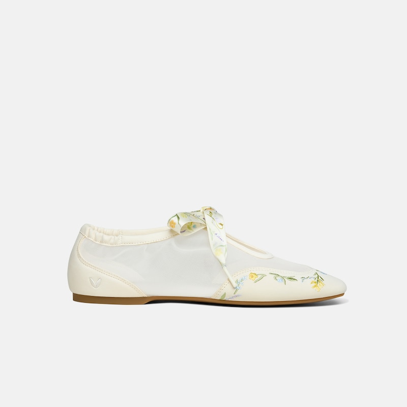 Healing Garden | Square-Toe Organza Sneakerinas (Ciara), CREAM-FRENCH FLORAL Embroidery, EU35 | VIVAIA