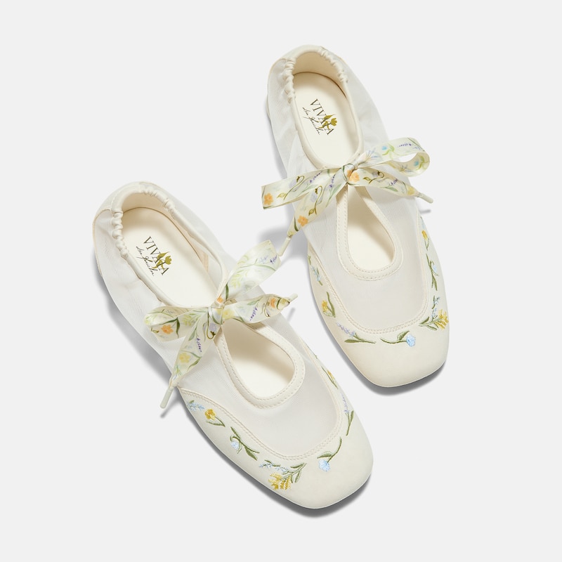 Healing Garden | Square-Toe Organza Sneakerinas (Ciara), CREAM-FRENCH FLORAL Embroidery, EU35 | VIVAIA