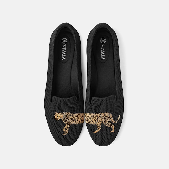 Round-Toe Embroidered Loafers (Audrey) - Black  Cheetah