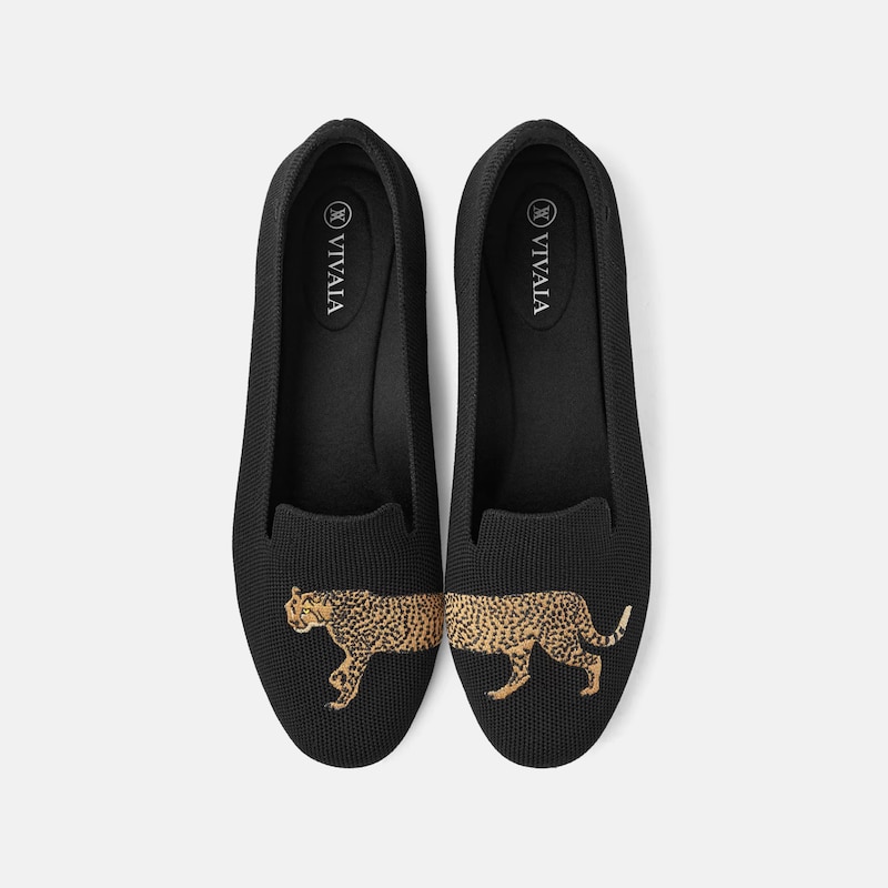 Round-Toe Embroidered Loafers (Audrey), BLACK  CHEETAH, EU40 | VIVAIA