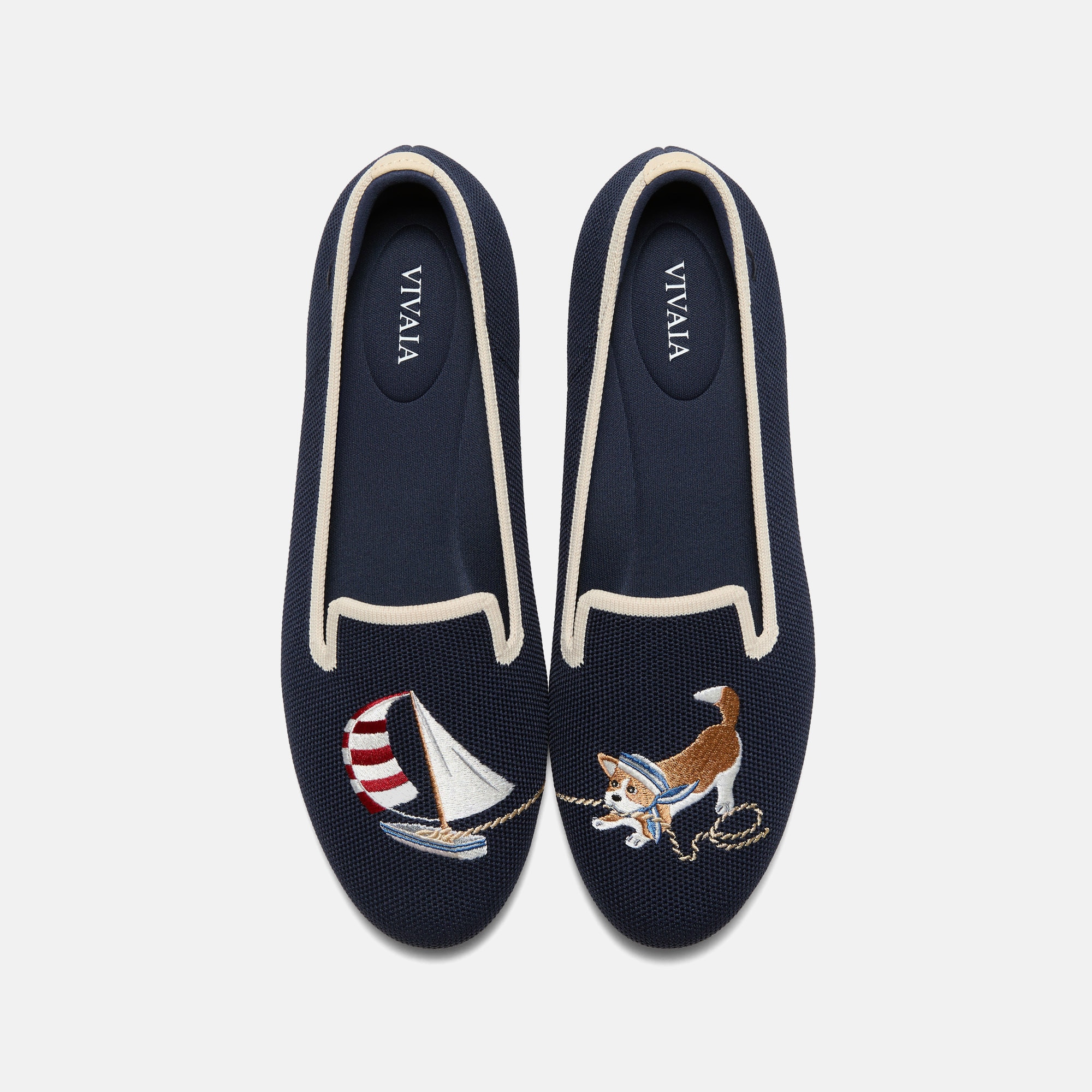 Round-Toe Embroidered Loafers (Audrey) - Navy - Cream Ivory-sailor Corgi