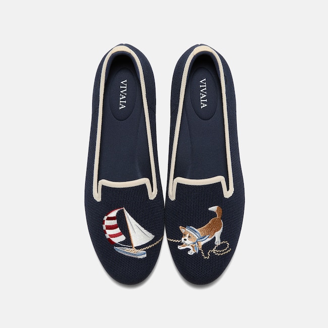 Round-Toe Embroidered Loafers (Audrey) - Navy - Cream Ivory-Sailor Corgi