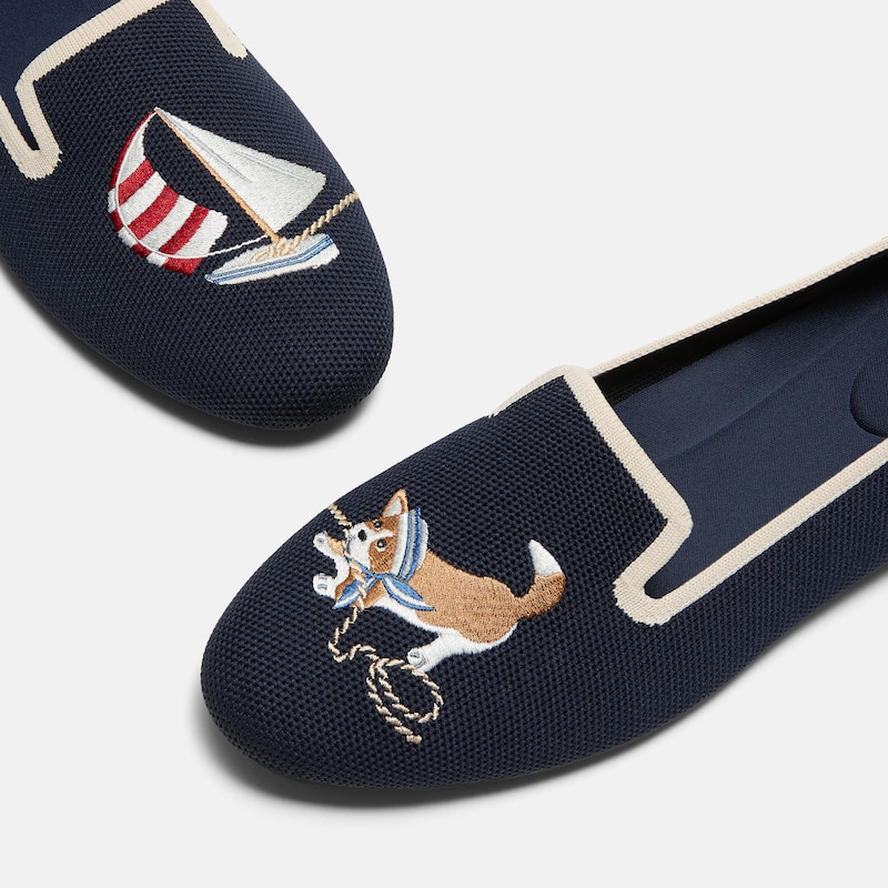 Round-Toe Embroidered Loafers (Audrey), Navy - Cream Ivory-Sailor Corgi, EU39 | VIVAIA
