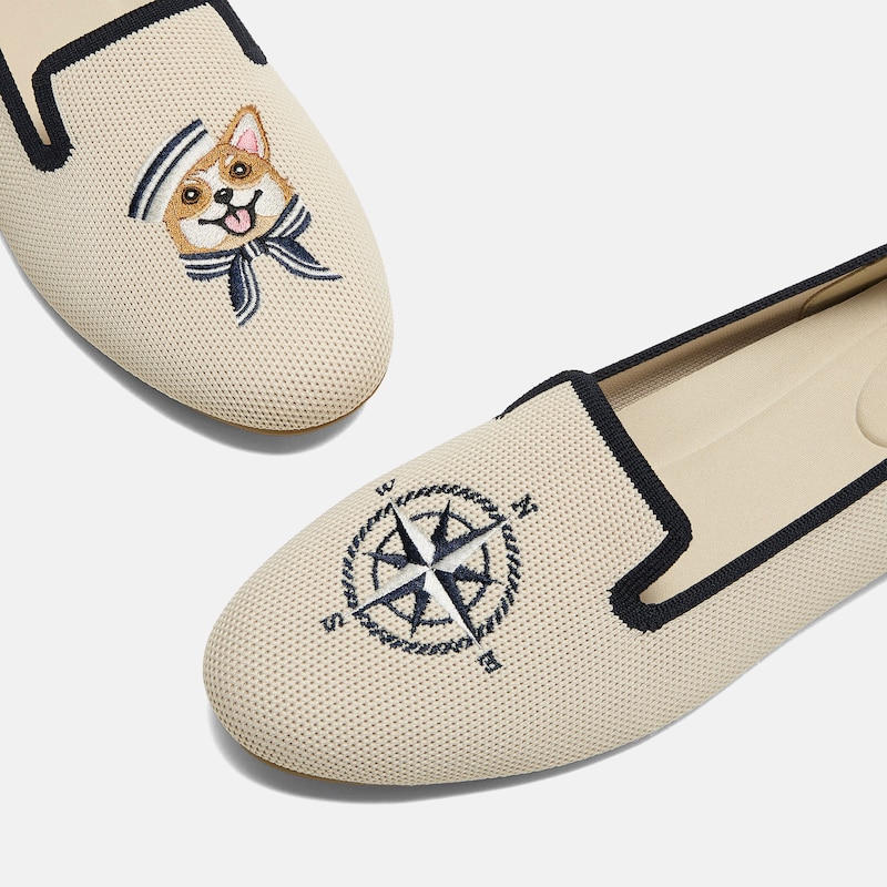 Round-Toe Embroidered Loafers (Audrey), CREAM IVORY/NAVY, EU36 | VIVAIA