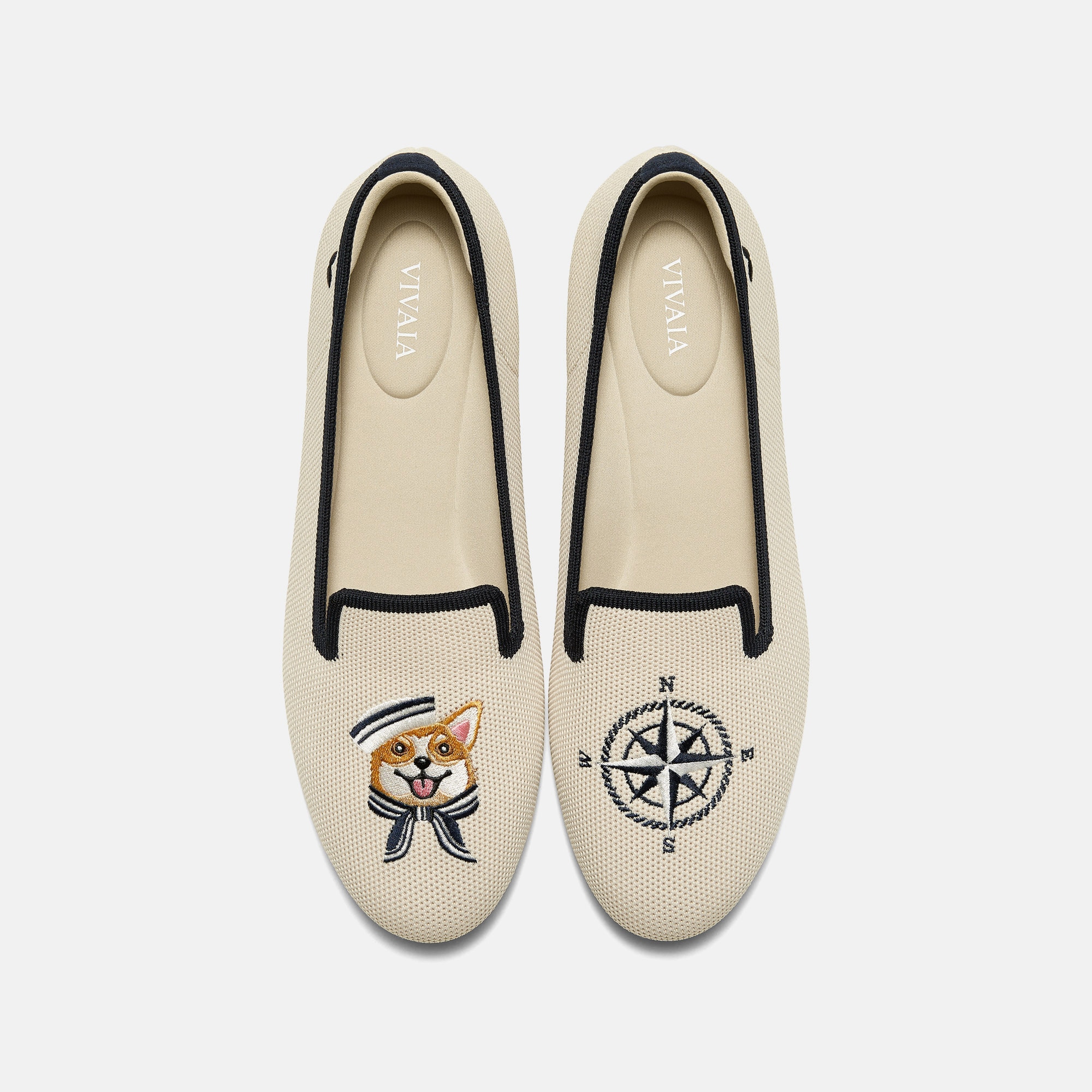 Round-Toe Embroidered Loafers (Audrey) - Cream Ivory/navy