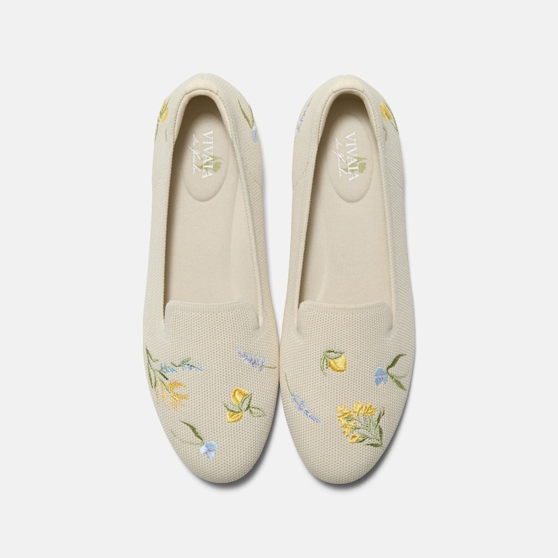 Healing Garden | Round-Toe Embroidered Loafers (Audrey), PALE APRICOT - FRENCH FLORAL, EU37 | VIVAIA