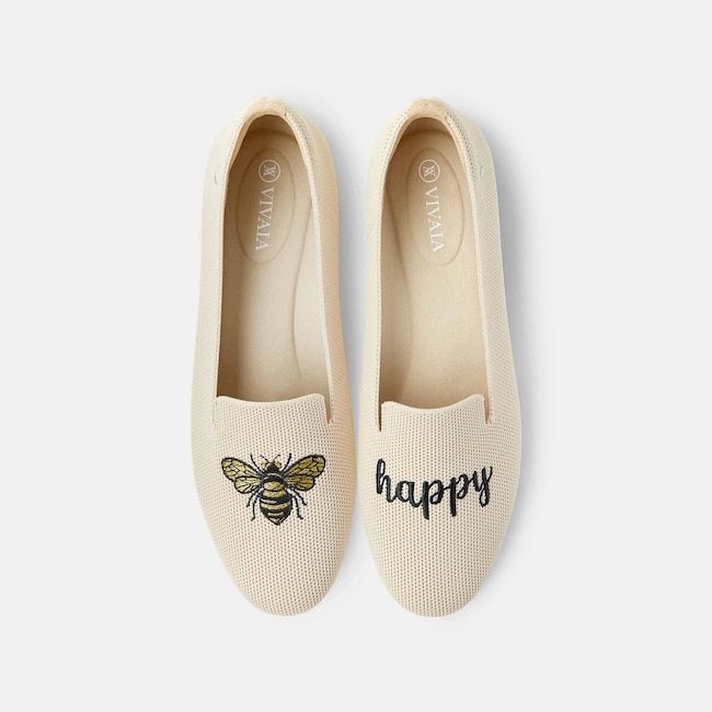 Round-Toe Embroidered Loafers (Audrey) - Cream Ivory - Bee Happy