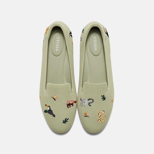 Round-Toe Embroidered Loafers (Audrey) - Matcha-Endangered Animals