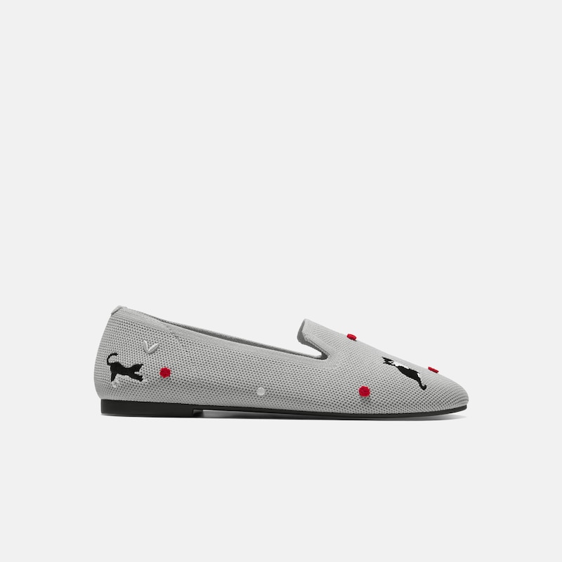 Round-Toe Embroidered Loafers (Audrey), OYSTER GREY-TUXEDO CATS, EU37 | VIVAIA