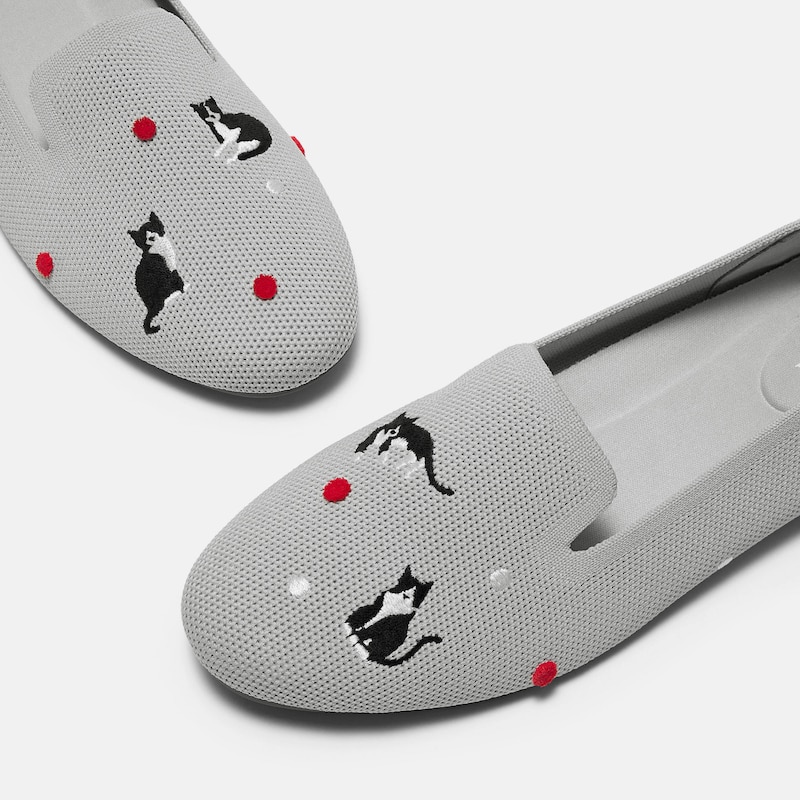 Round-Toe Embroidered Loafers (Audrey), OYSTER GREY-TUXEDO CATS, EU37 | VIVAIA