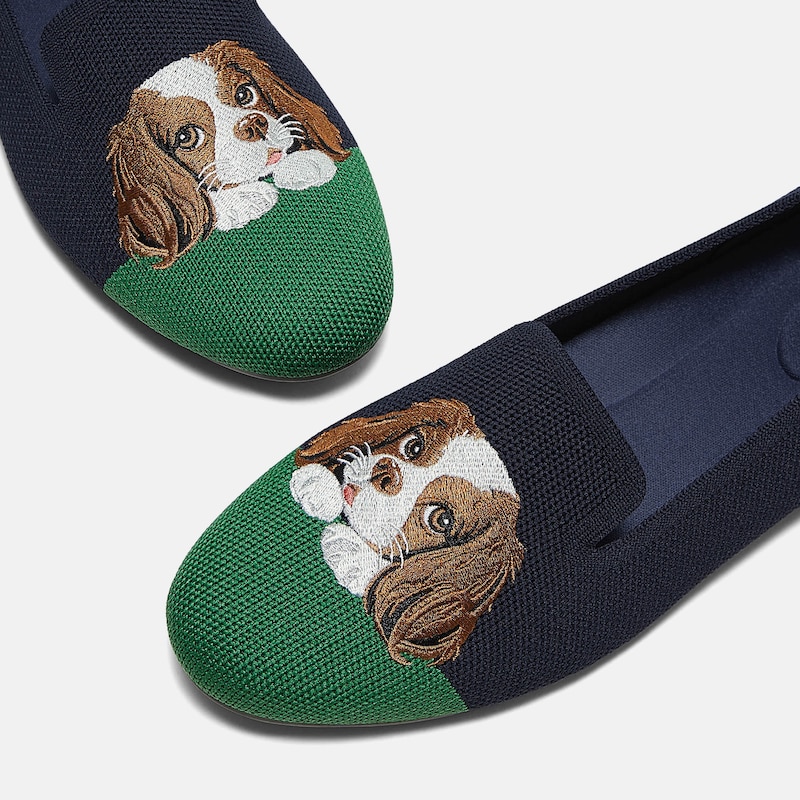 Round-Toe Embroidered Loafers (Audrey), NAVY GREEN - CAVALIER, EU35 | VIVAIA