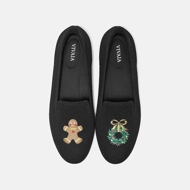 Round-Toe Embroidered Loafers (Audrey) - Black - Gingerbread Man