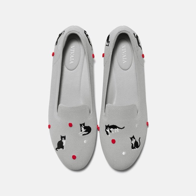 Round-Toe Embroidered Loafers (Audrey) - Oyster Grey-Tuxedo Cats