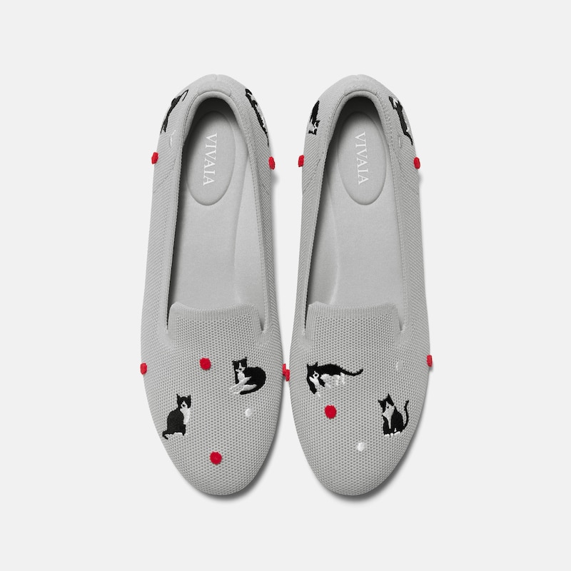 Round-Toe Embroidered Loafers (Audrey), OYSTER GREY-TUXEDO CATS, EU37 | VIVAIA