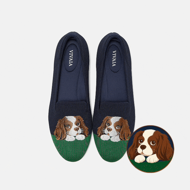 Round-Toe Embroidered Loafers (Audrey) - Navy Green - Cavalier
