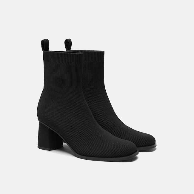 Square-Toe Block-Heel Boots (Lerna) - Black