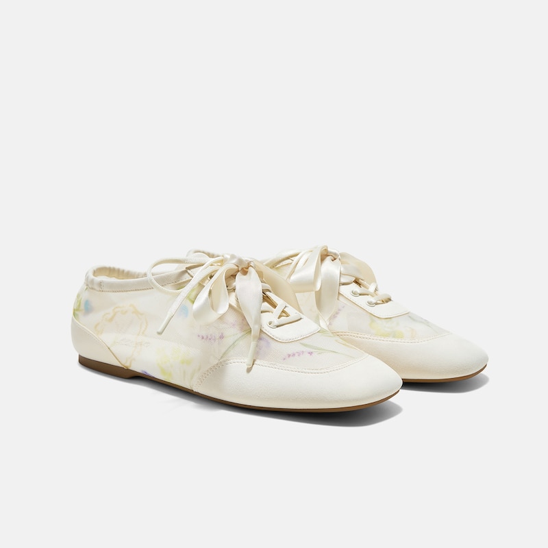 Healing Garden|Square-Toe Lace-Up Sneakerinas (Cristina), CREAM-FRENCH FLORAL Print, EU40 | VIVAIA