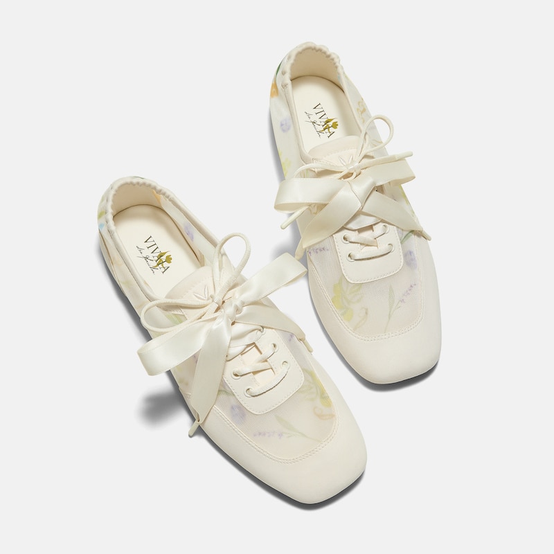 Healing Garden|Square-Toe Lace-Up Sneakerinas (Cristina), CREAM-FRENCH FLORAL Print, EU40 | VIVAIA