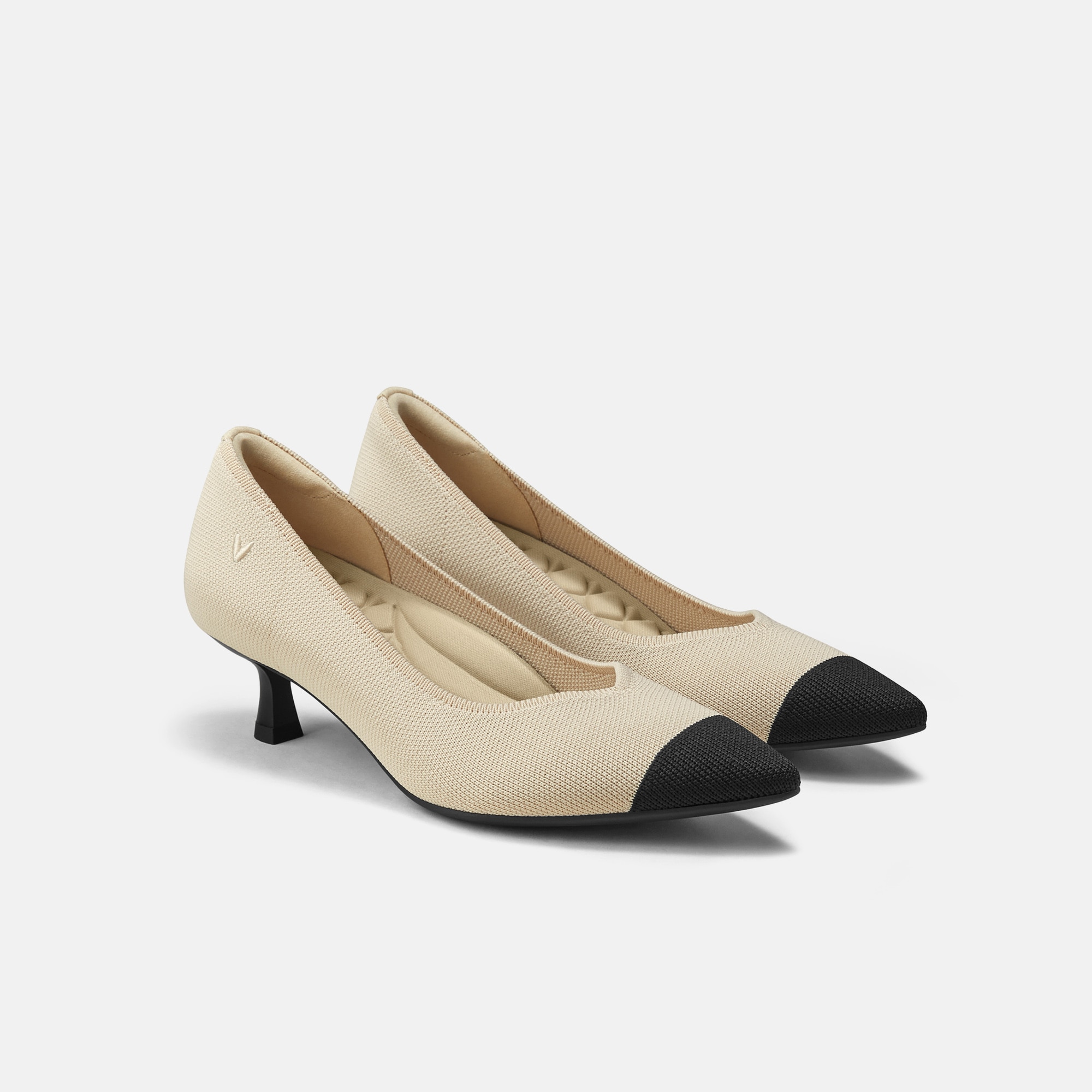 Pointed-Toe Kitten Heels (Scarlett) - Cream Ivory & Black