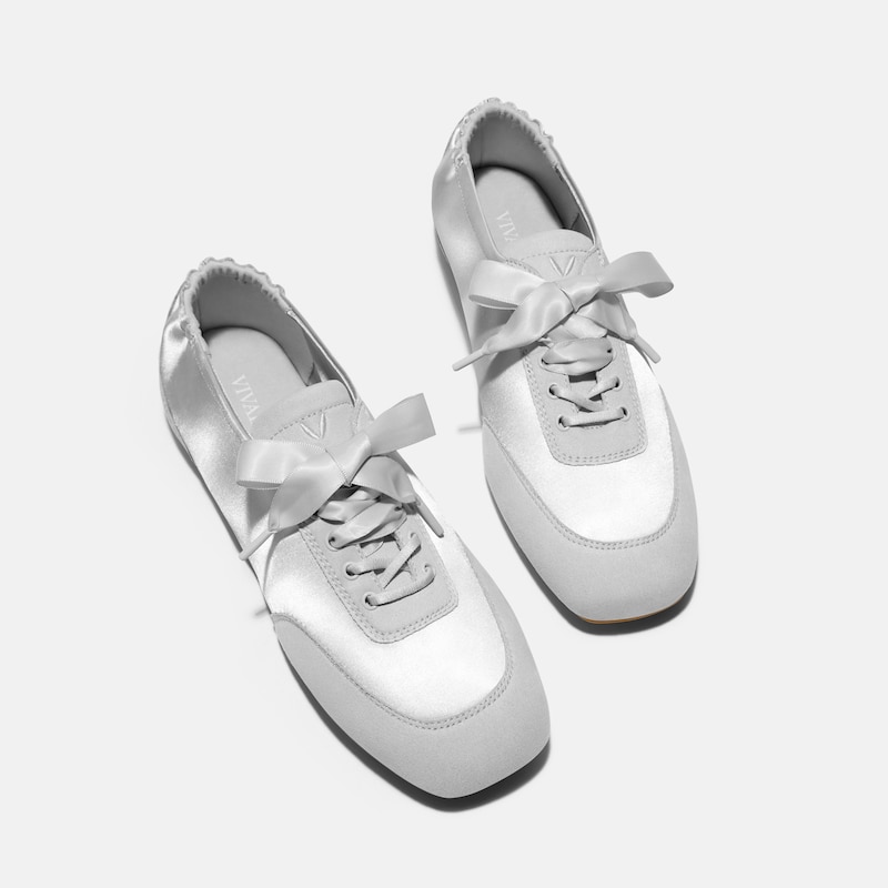 Square-Toe Lace-Up Satin Sneakerina (Cristina), GREY SILVER, EU40 | VIVAIA