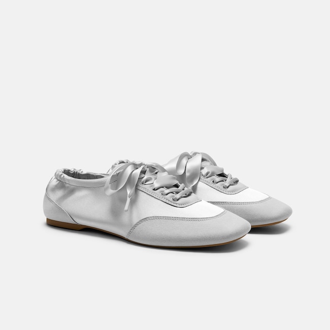 Square-Toe Lace-Up Satin Sneakerina (Cristina) - Grey Silver