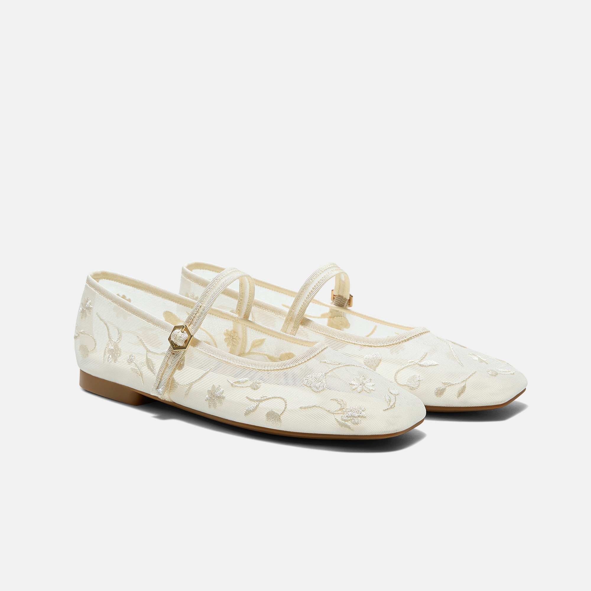 Square-Toe Mary Janes (Margot Mary Jane) - Cream French Floral Mesh