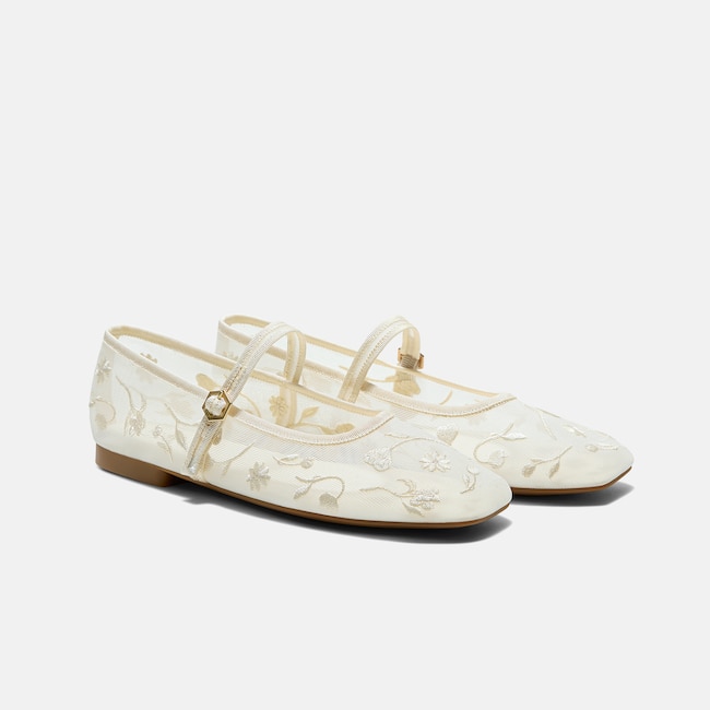 Square-Toe Mary Janes (Margot Mary Jane) - Cream French Floral Mesh