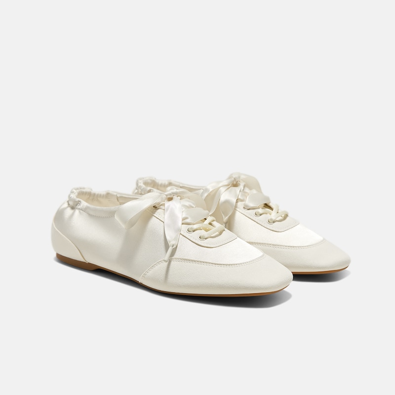 Square-Toe Lace-Up Satin Sneakerina (Cristina), LIGHT GOLD, EU39.5 | VIVAIA