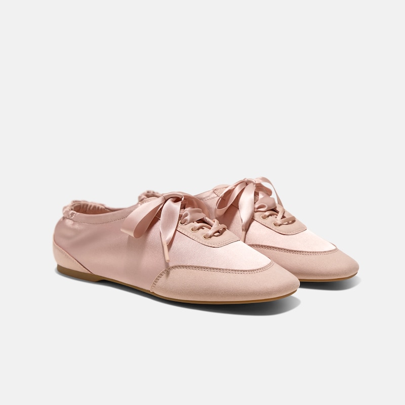 Square-Toe Lace-Up Satin Sneakerina (Cristina), PEACH BLUSH, EU39 | VIVAIA