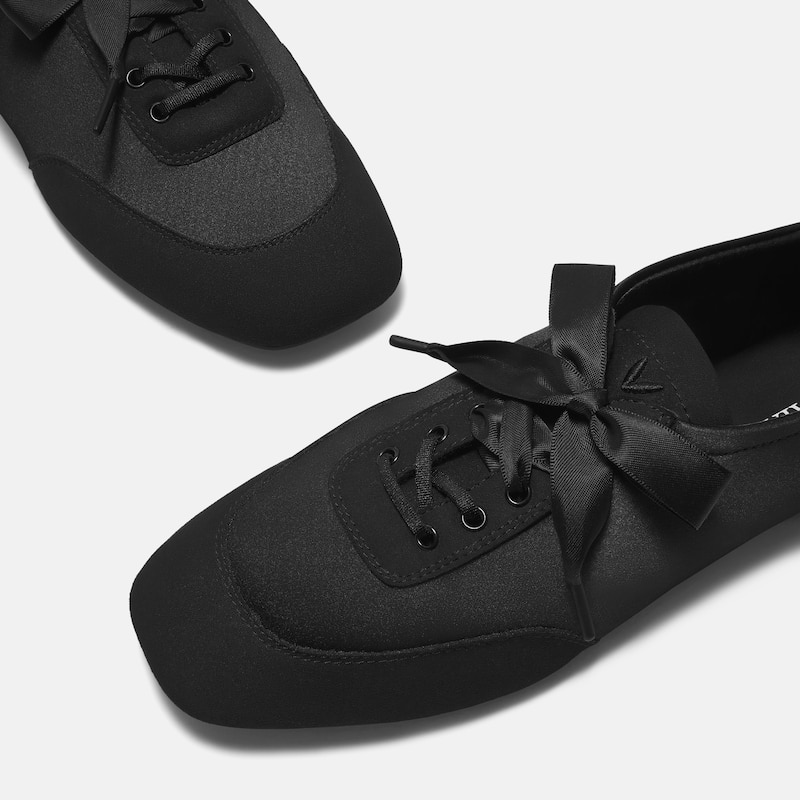 Square-Toe Lace-Up Satin Sneakerina (Cristina), Black, EU35 | VIVAIA
