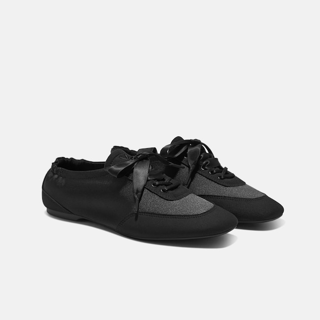 Square-Toe Lace-Up Satin Sneakerina (Cristina) - Black