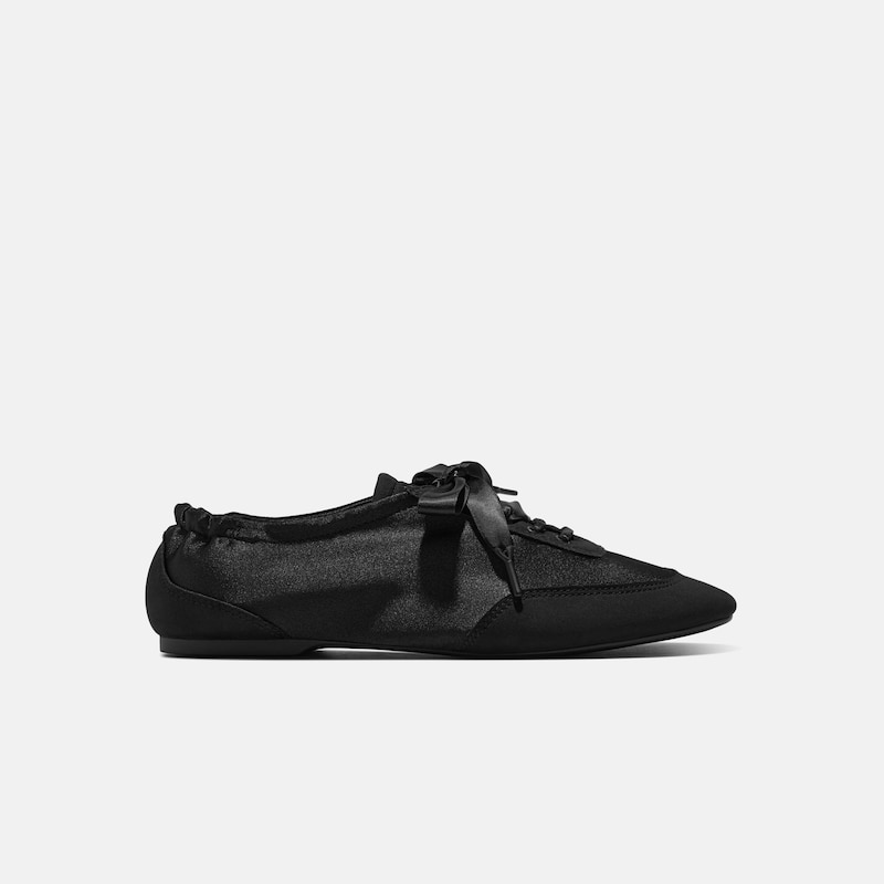 Square-Toe Lace-Up Satin Sneakerina (Cristina), Black, EU35 | VIVAIA