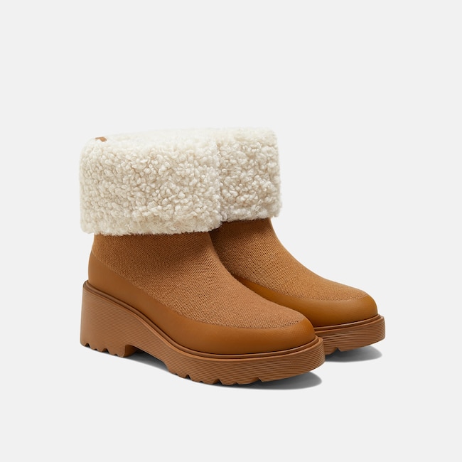 Faux Fur Platform Chunky Wedge Boots (Elaine) - Caramel Wool