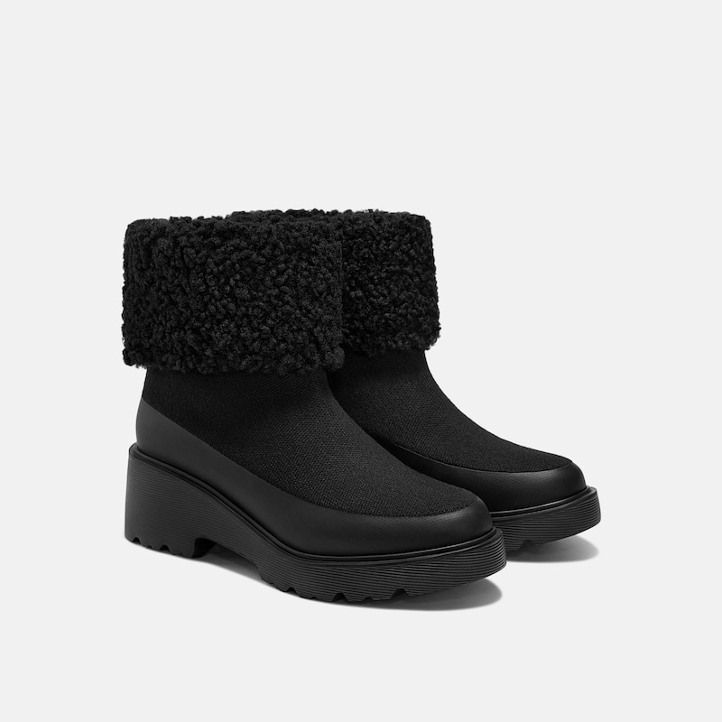Faux Fur Platform Chunky Wedge Boots(Elaine), BLACK WOOL, EU35 | VIVAIA