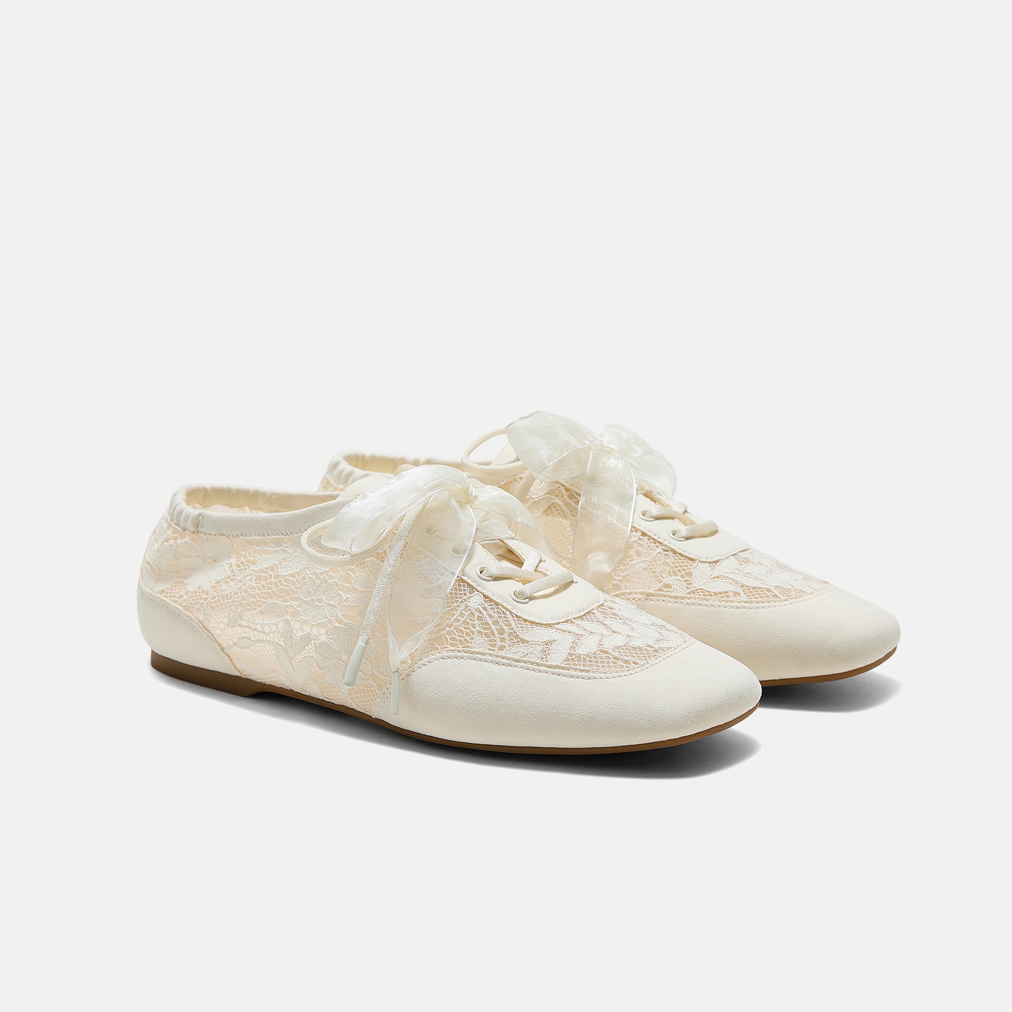 Square-Toe Lace-Up Sneakerinas (Cristina) - Cream Lace