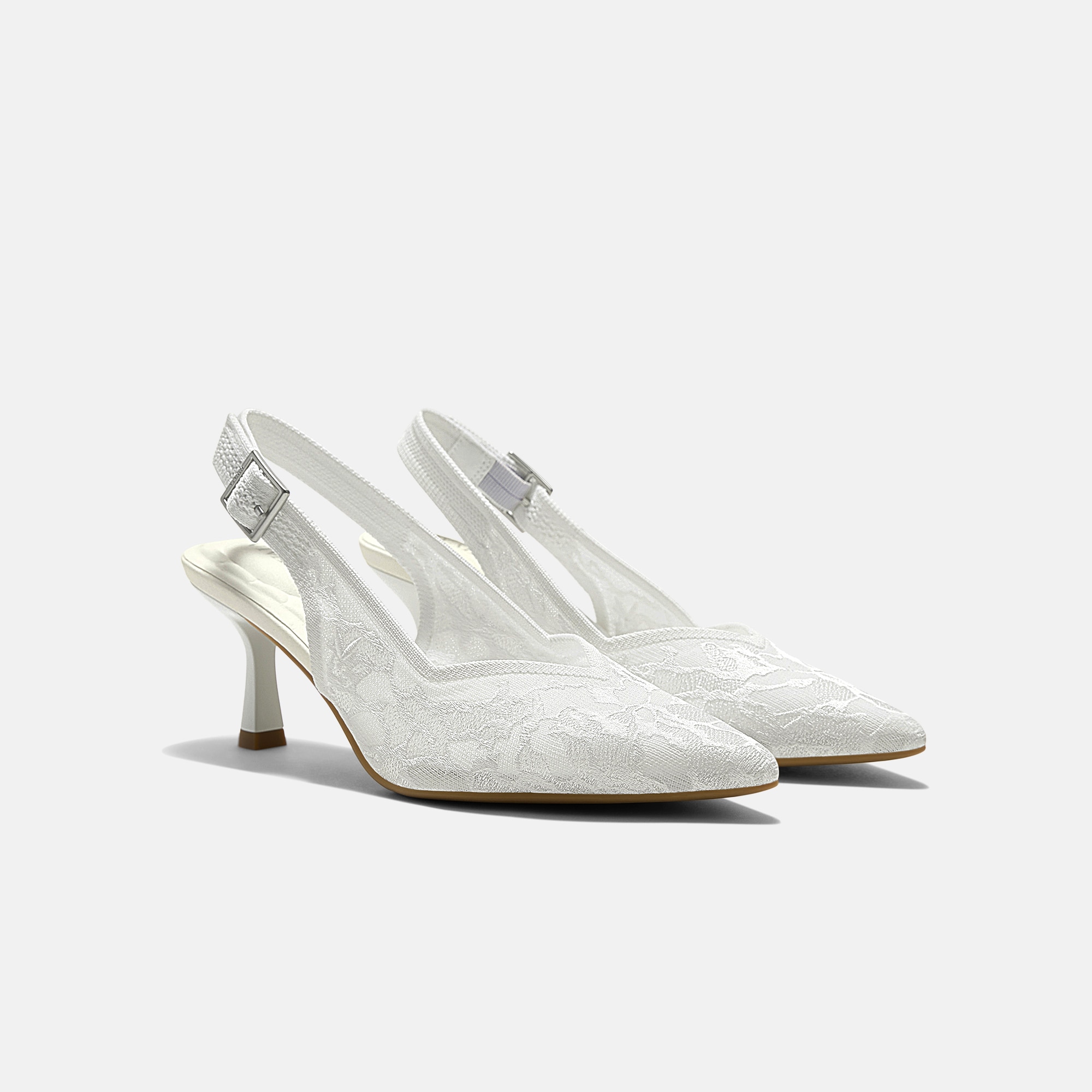 Pointed-Toe Lace Reborn™ Slingback Heels (Addison) - White Lace Embroidery
