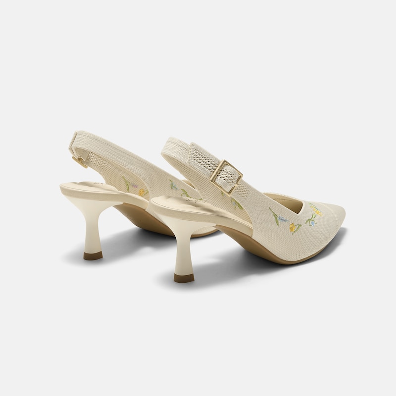 Healing Garden | Pointed-Toe Slingback Heels (Addison), PALE APRICOT FRENCH FLORAL Embroidery, EU38.5 | VIVAIA