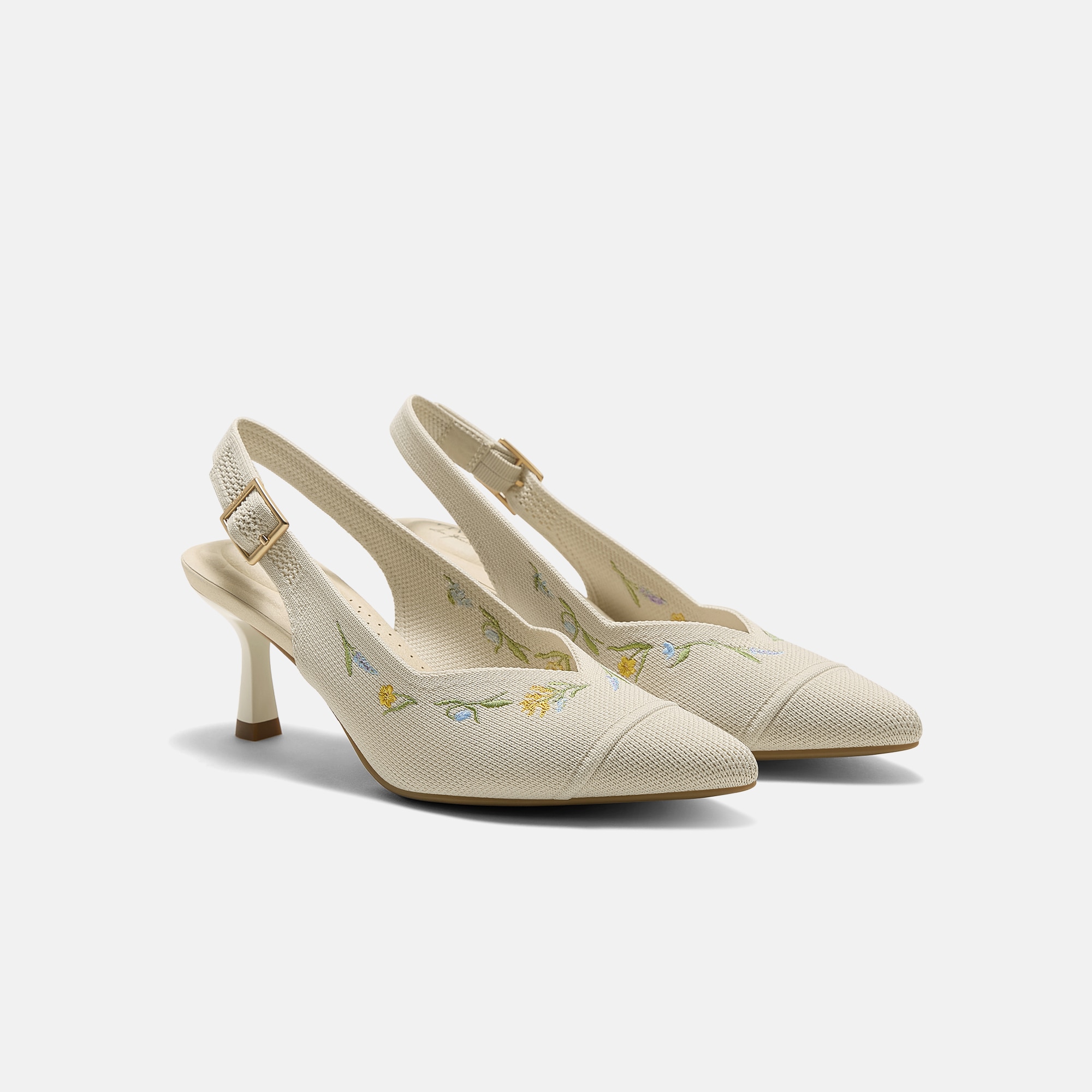 Healing Garden | Pointed-Toe Slingback Heels (Addison) - Pale Apricot French Floral Embroidery
