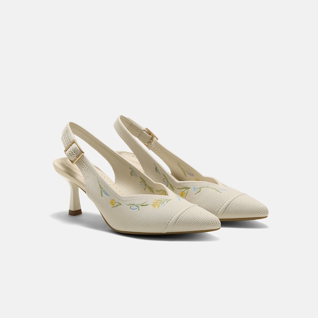 Healing Garden | Pointed-Toe Slingback Heels (Addison) - Pale Apricot French Floral Embroidery