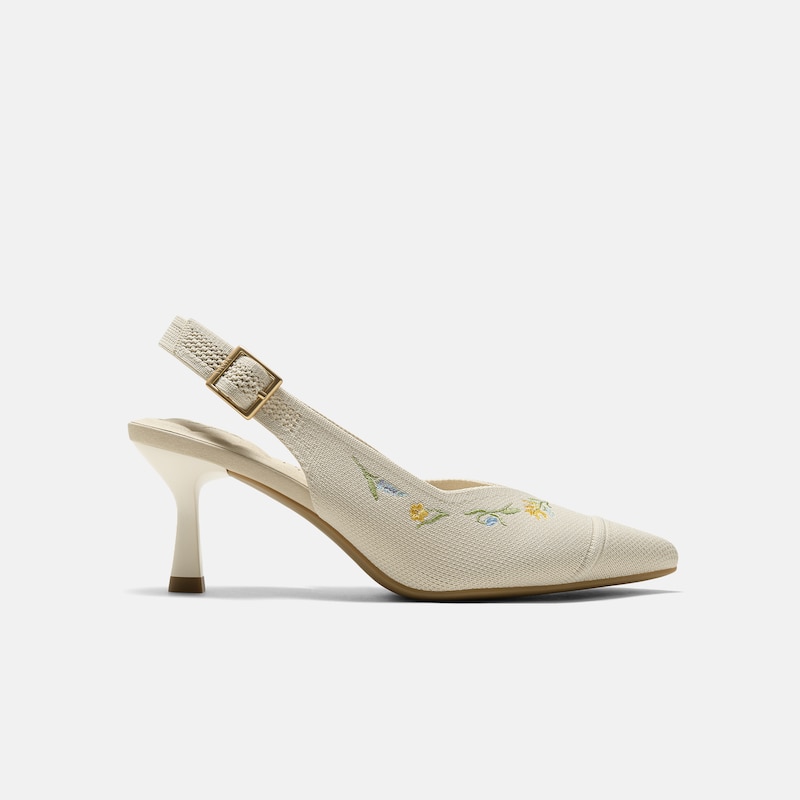 Healing Garden | Pointed-Toe Slingback Heels (Addison), PALE APRICOT FRENCH FLORAL Embroidery, EU38.5 | VIVAIA