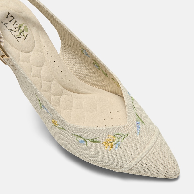 Healing Garden | Pointed-Toe Slingback Heels (Addison), PALE APRICOT FRENCH FLORAL Embroidery, EU38.5 | VIVAIA
