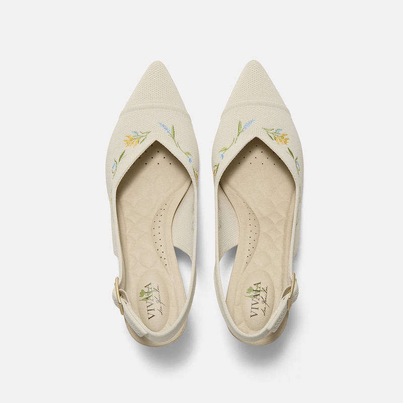 Healing Garden | Pointed-Toe Slingback Heels (Addison), PALE APRICOT FRENCH FLORAL Embroidery, EU38.5 | VIVAIA